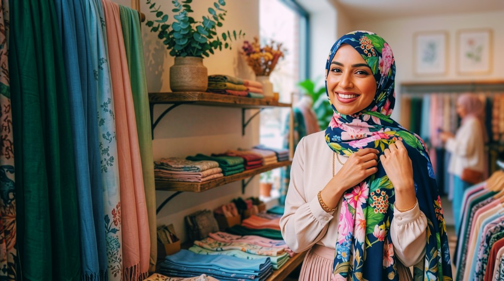 Modèle en boutique AllurinaScarf, foulard fleuri et présentoirs de châles
