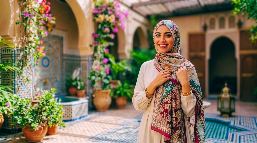 Modèle dans un riad marocain, hijab à motifs et architecture zellige